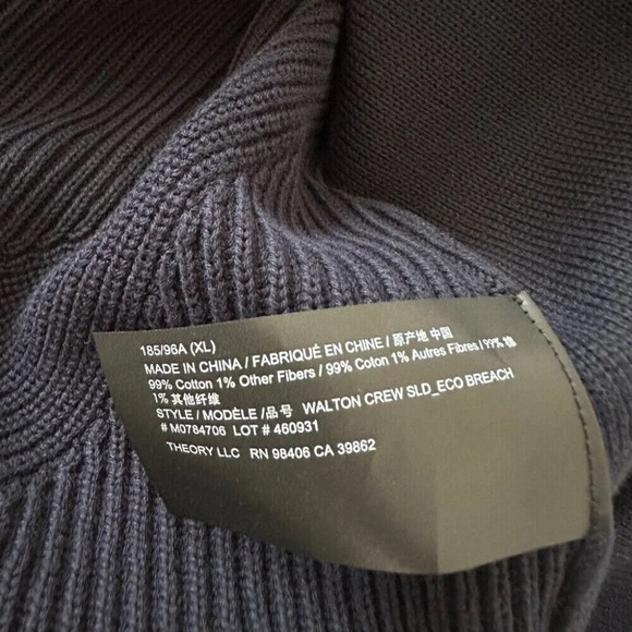 Theory Sweater Mens XL Blue Organic Cotton Ribbed Walton Crewneck Luxury Classic - Picture 5 of 5